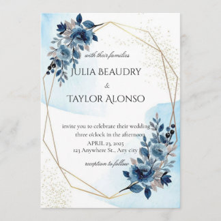 Navy Blue Geometric Floral Wedding Invitation