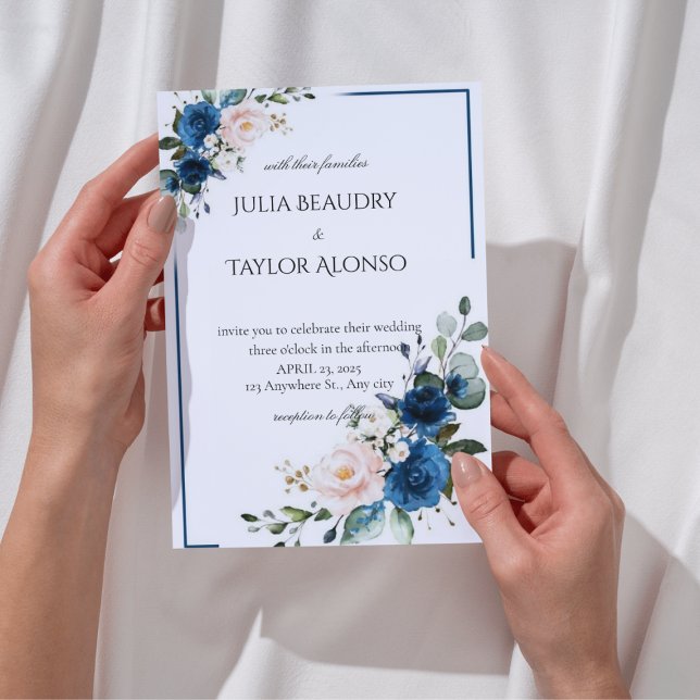 Navy Blue Geometric Floral Wedding Invitation (Creator Uploaded)