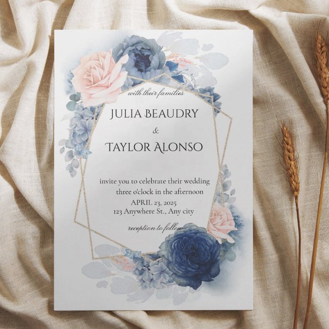 Navy Blue Geometric Floral Wedding Invitation (Creator Uploaded)