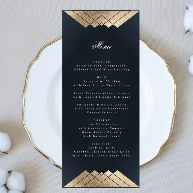 Navy Blue Geometric Gold Gatsby Wedding Menu (Creator Uploaded)