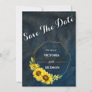 Navy Blue & Geometric Gold Sunflowers Save The Date