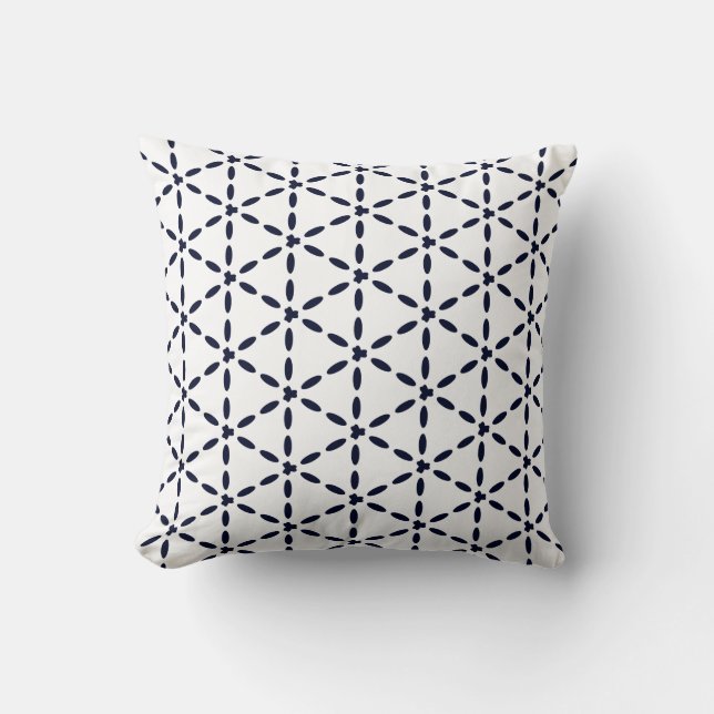 Navy Blue Geometric Pattern on White Cushion (Front)