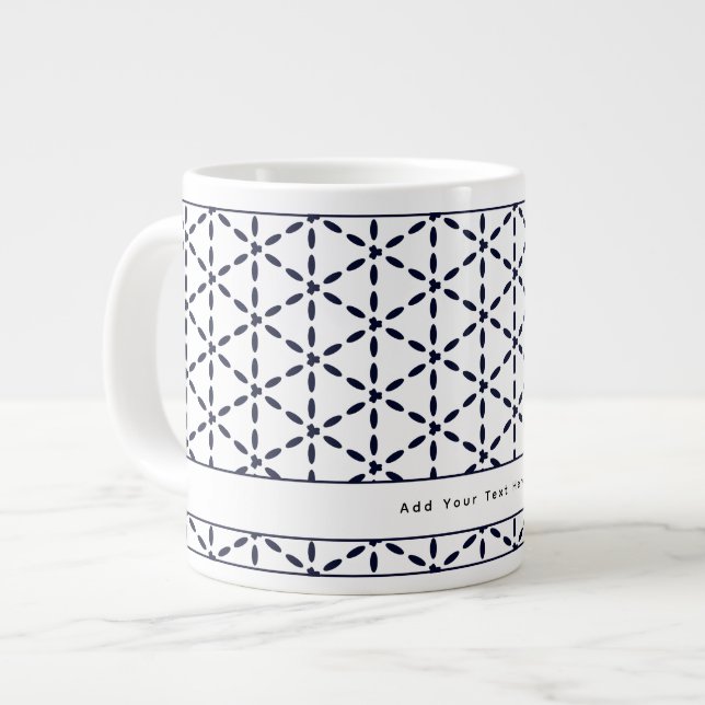 Navy Blue Geometric Pattern on White Large Coffee Mug (Front Left)