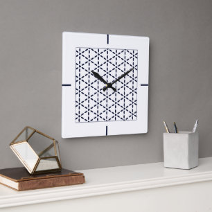 Navy Blue Geometric Pattern on White Square Wall Clock