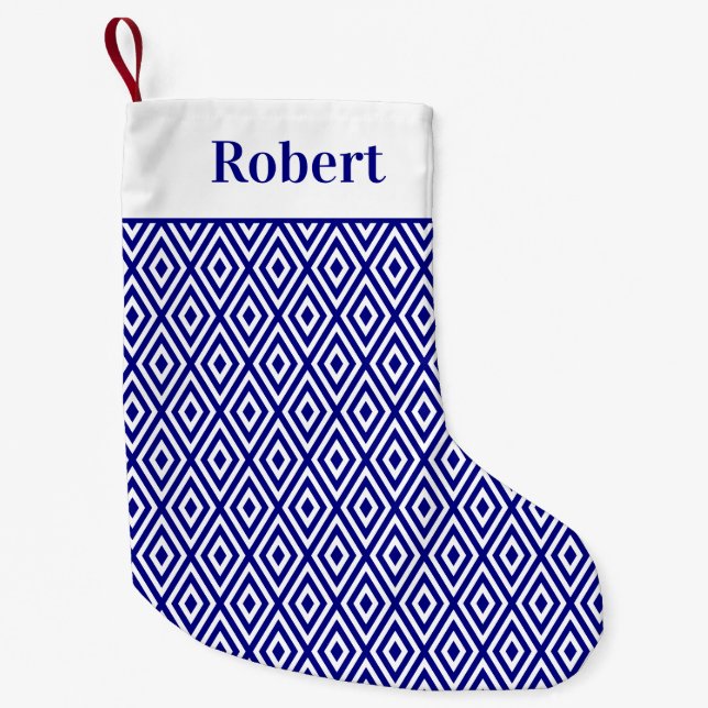Navy Blue Geometric Pattern with Name Small Christmas Stocking (Front)