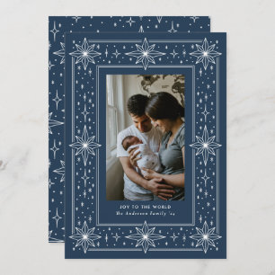Navy Blue geometric star border Christmas Photo Holiday Card
