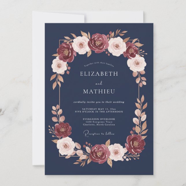 Navy Blue Gilded Autumn Wedding Invitation (Front)