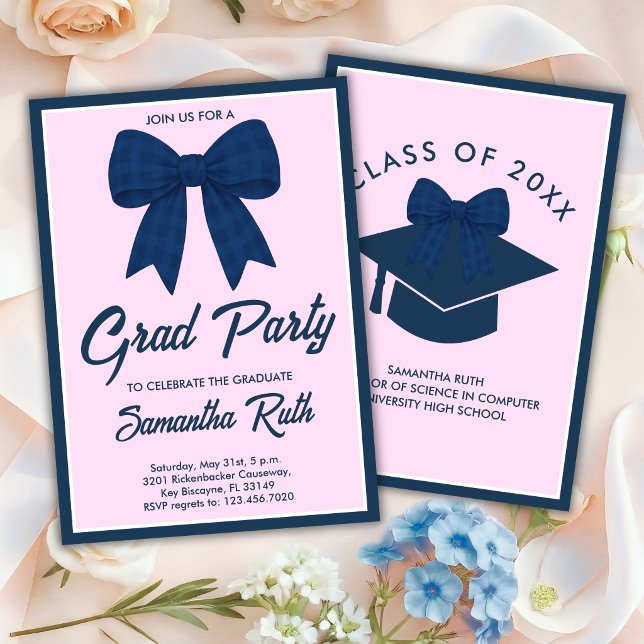 Navy Blue Gingham Bow Graduation Party Invitation (Creator Uploaded)