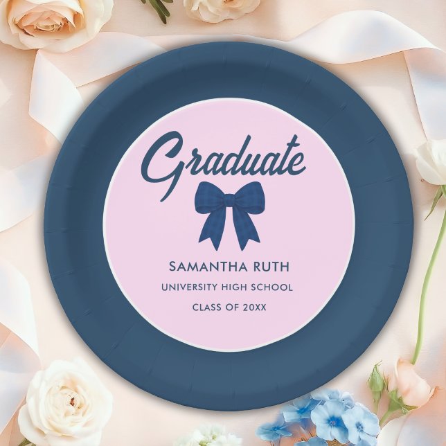 Navy Blue Gingham Bow Graduation Party Paper Plate (Creator Uploaded)