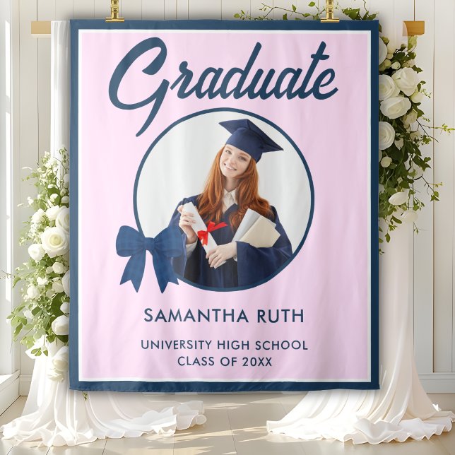 Navy Blue Gingham Bow Photo Graduation Backdrop Tapestry (Creator Uploaded)