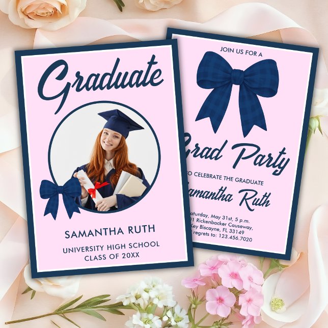 Navy Blue Gingham Bow Photo Graduation Party Invitation (Creator Uploaded)