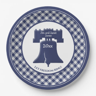 Navy Blue Gingham Liberty Bell Let Freedom Ring Paper Plate