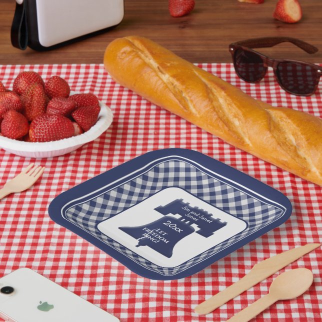 Navy Blue Gingham Liberty Bell Let Freedom Ring Paper Plate (Picnic)