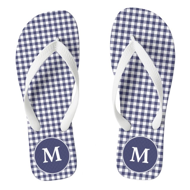 Navy Blue Gingham Monogrammed Flip-flops Thongs (Footbed)