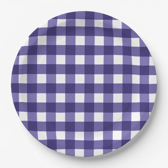 Navy blue gingham paper plate (Front)