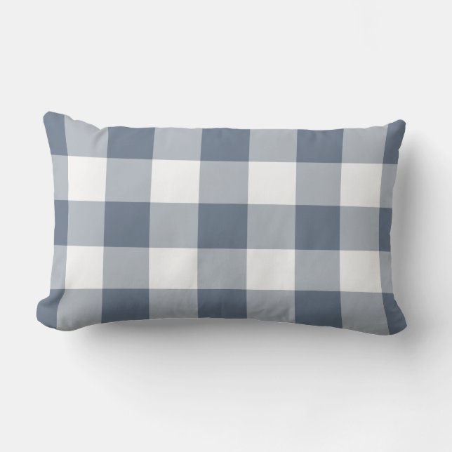 Navy Blue Gingham Pattern Chequered Lumbar Cushion (Front)