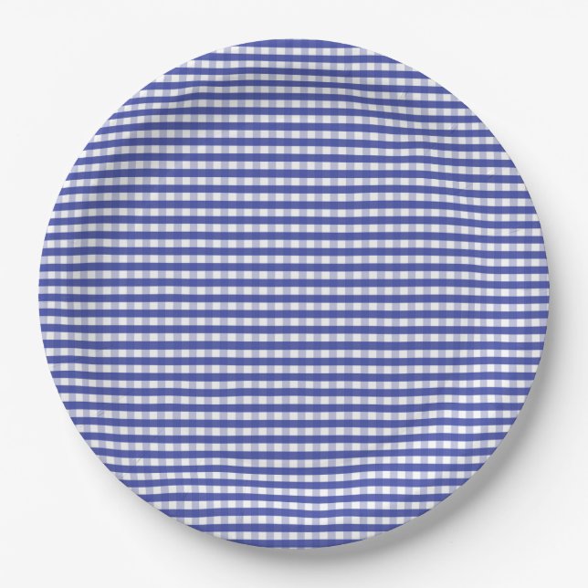 Navy Blue Gingham Pattern Paper Plate (Front)