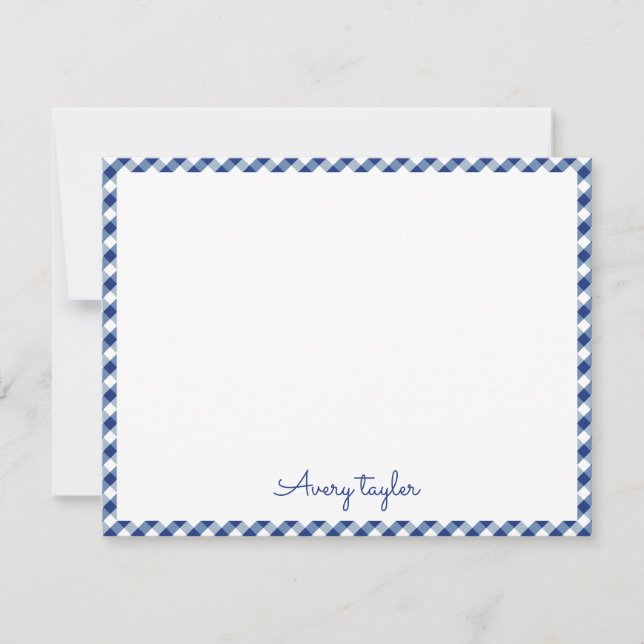 Navy blue gingham pattern personalised Stationery Card (Front)