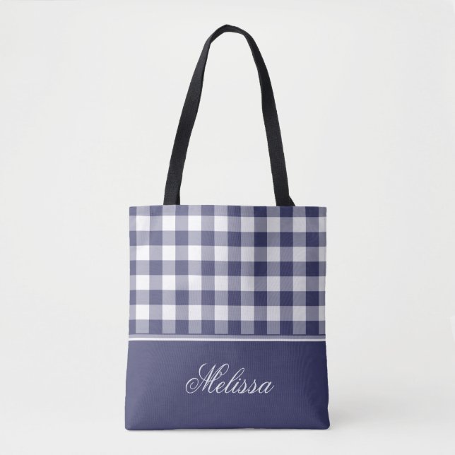 Navy Blue Gingham | Personalised Tote Bag (Front)