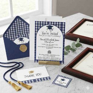Navy Blue Gingham Plaid Arch Class of 2026  Invitation