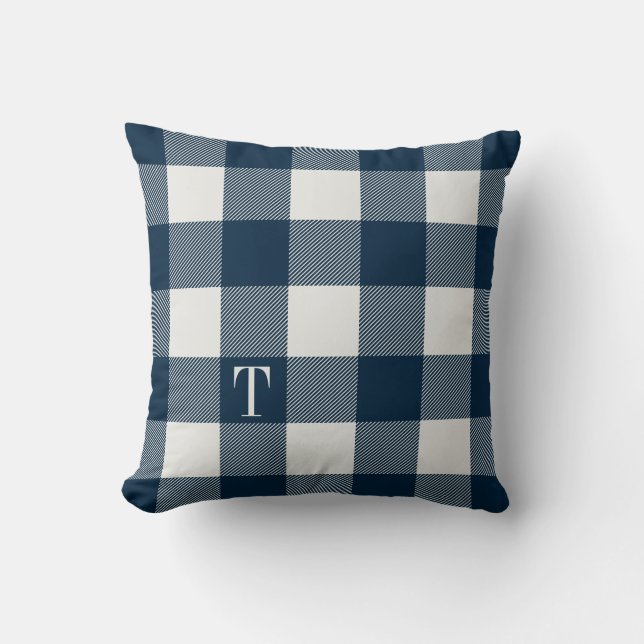 Navy Blue Gingham Plaid Monogrammed Cushion (Front)
