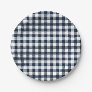 Navy Blue Gingham Plaid Paper Plate