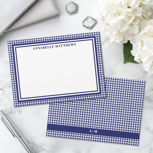 Navy Blue Gingham Plaid Personalised Card (Navy Blue Gingham Plaid Personalized Note Card)