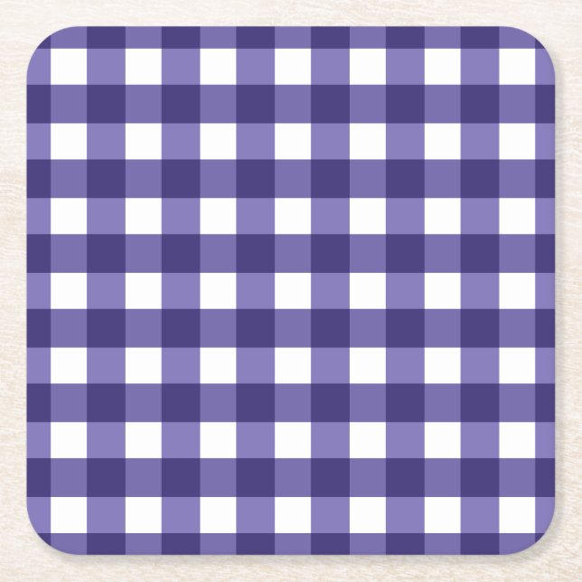 Navy blue gingham square paper coaster (Front)