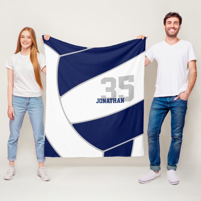 navy blue ginormous volleyball w athlete name fleece blanket (In Situ)
