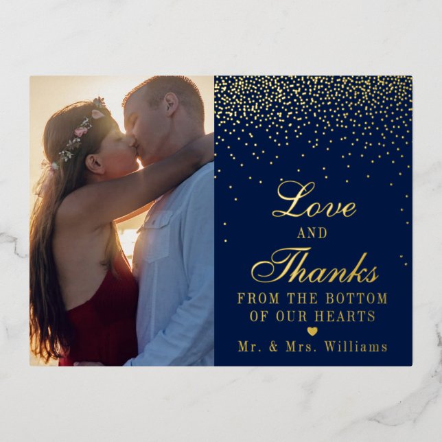 Navy Blue & Glam Confetti Wedding Photo Thank You Foil Invitation Postcard (Front)