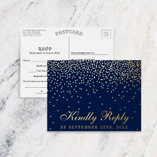 Navy Blue & Glam Confetti Wedding RSVP Real Foil Invitation Postcard