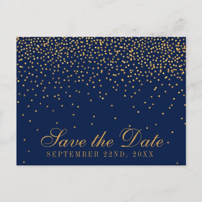Navy Blue & Glam Gold Confetti Save The Date Announcement Postcard (Front)
