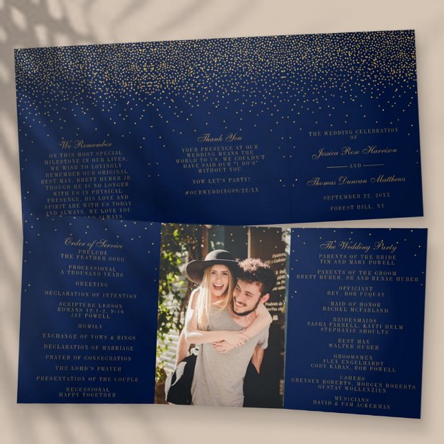 Navy Blue & Glam Gold Confetti Wedding Collection Tri-Fold Programme (Creator Uploaded)