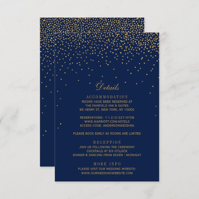 Navy Blue & Glam Gold Confetti Wedding Enclosure Card (Front/Back)