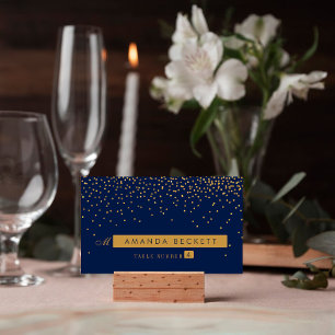 Navy Blue & Glam Gold Confetti Wedding Escort Card