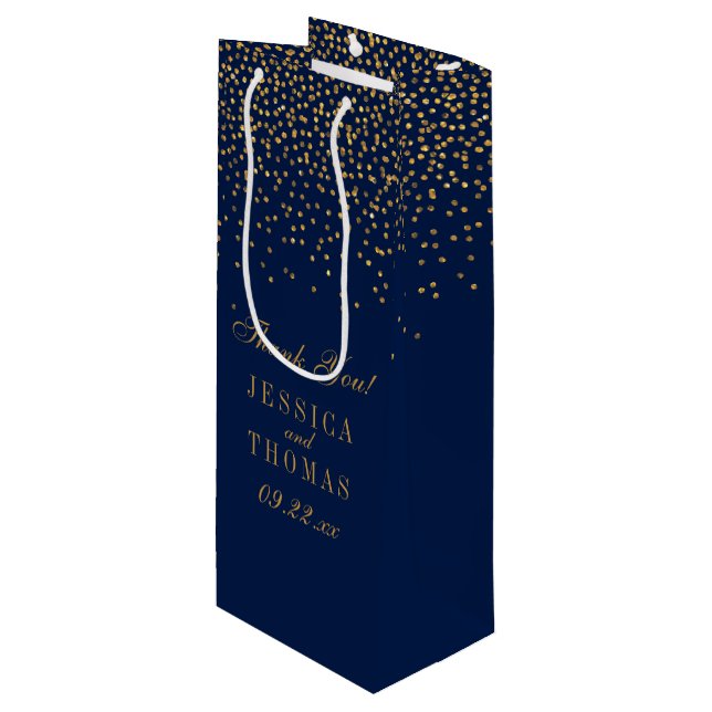 Navy Blue & Glam Gold Confetti Wedding Favor Wine Gift Bag (Front Angled)