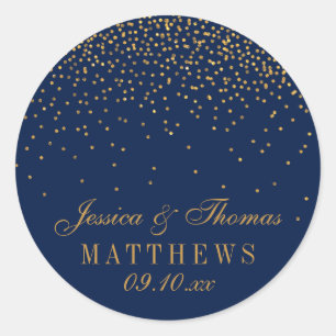 Navy Blue & Glam Gold Confetti Wedding Favour Classic Round Sticker