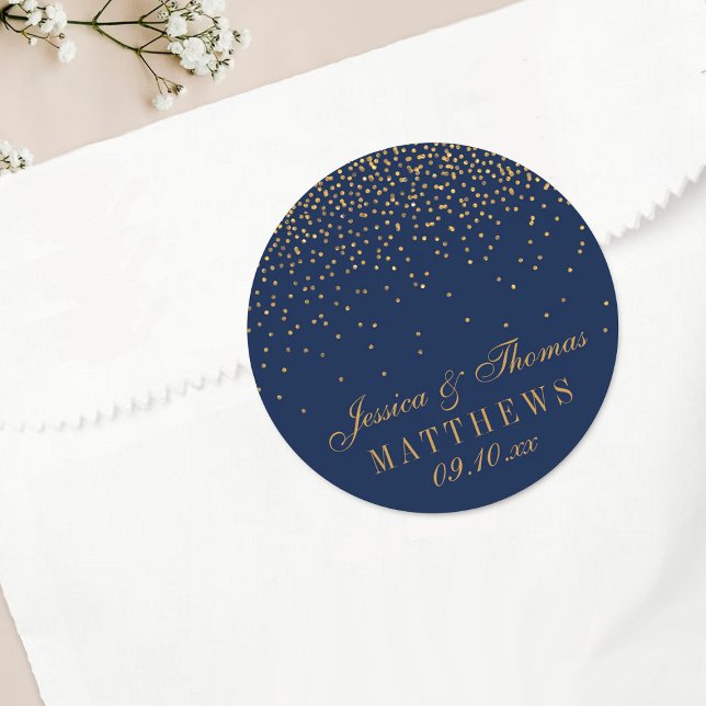 Navy Blue & Glam Gold Confetti Wedding Favour Classic Round Sticker (Creator Uploaded)