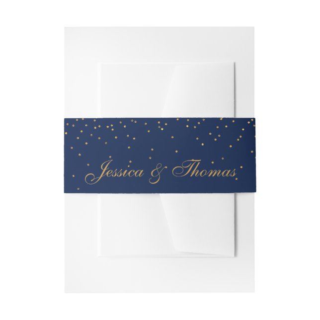 Navy Blue & Glam Gold Confetti Wedding Invitation Belly Band (Front Example)