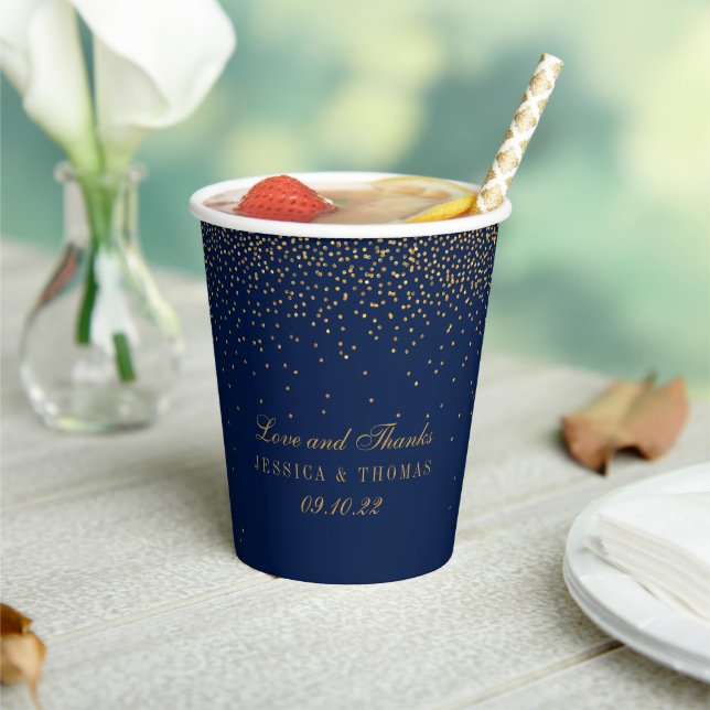 Navy Blue & Glam Gold Confetti Wedding Paper Cups (Insitu)