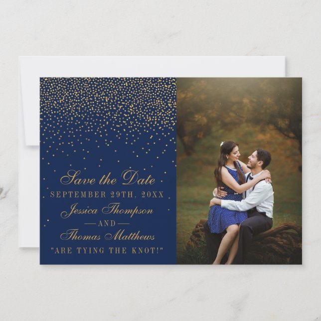 Navy Blue & Glam Gold Confetti Wedding Photo Save The Date (Front)