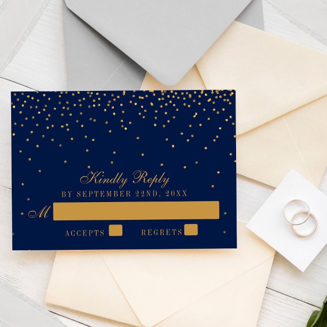 Navy Blue & Glam Gold Confetti Wedding RSVP (Creator Uploaded)
