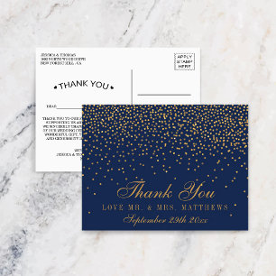 Navy Blue & Glam Gold Confetti Wedding Thank You Postcard