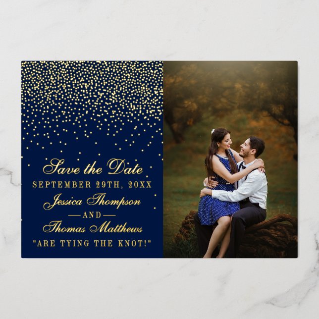 Navy Blue & Glam Gold Wedding Save The Date Real (Front)
