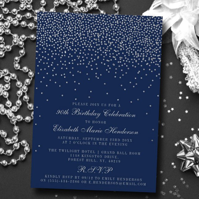 Navy Blue & Glam Silver Confetti Birthday Invitation (Creator Uploaded)