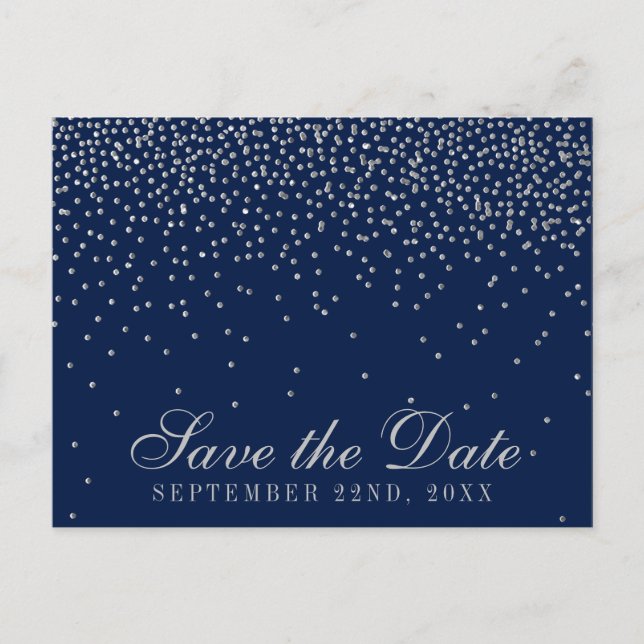 Navy Blue & Glam Silver Confetti Save The Date Announcement Postcard (Front)