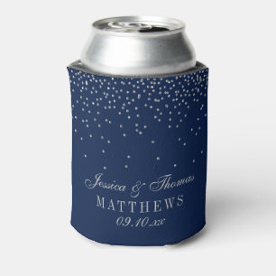 Navy Blue & Glam Silver Confetti Wedding Can Cooler