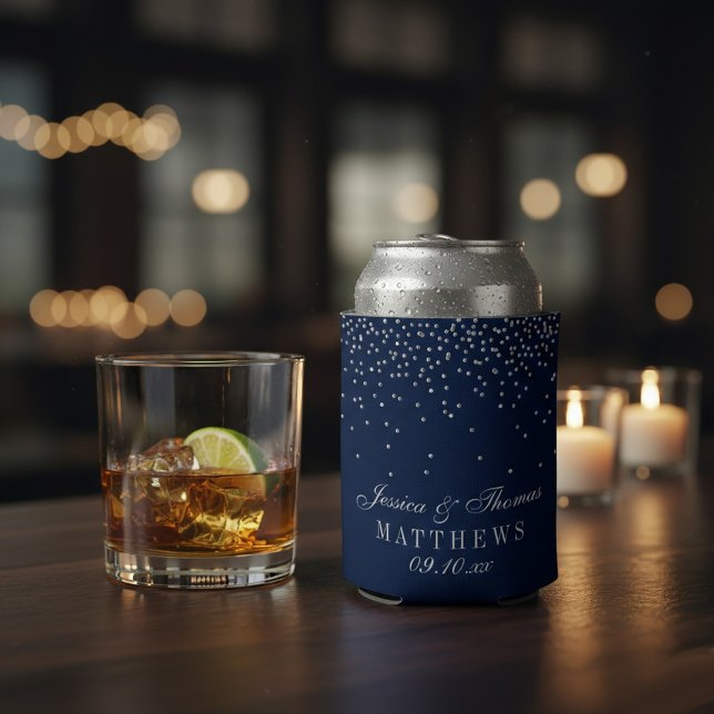 Navy Blue & Glam Silver Confetti Wedding Can Cooler (Creator Uploaded)