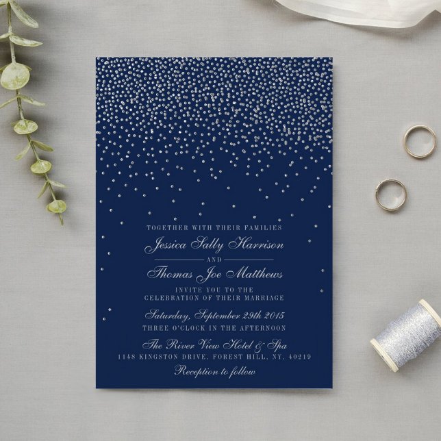 Navy Blue & Glam Silver Confetti Wedding Invitation (Creator Uploaded)