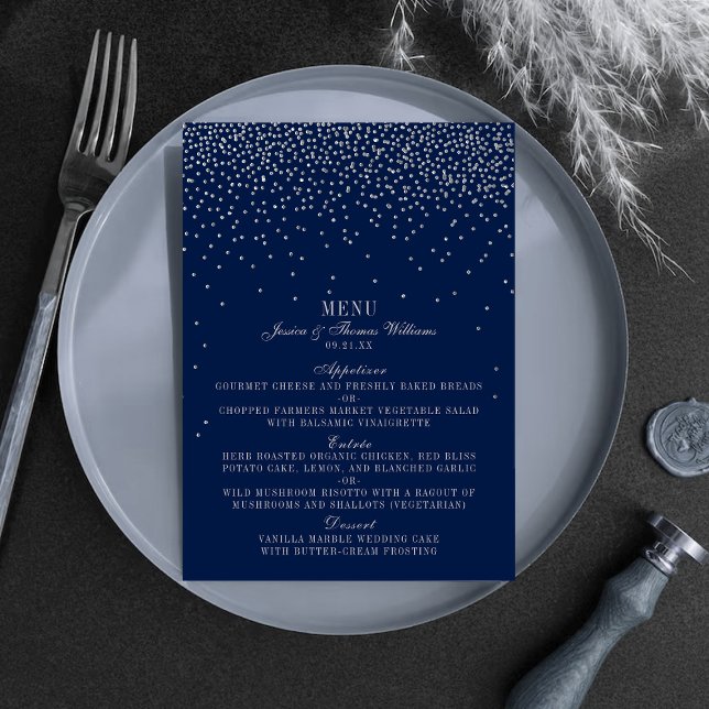 Navy Blue & Glam Silver Confetti Wedding Menu (Creator Uploaded)